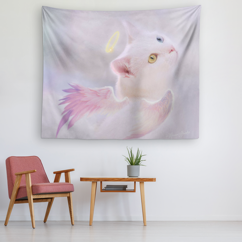 Heavenly Guardian Angel Kitty Wall Tapestry